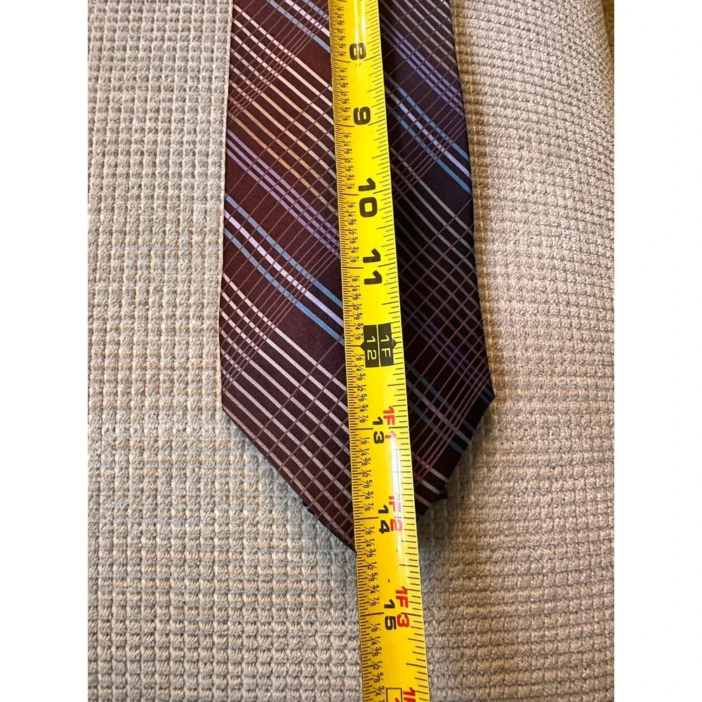 Claiborne Mens Silk Tie Burgundy Blue‎ Purple Plaid Geometric Pattern Hand Sewn